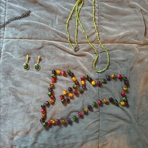 Colorful Beaded Necklace and Green Earrings Set